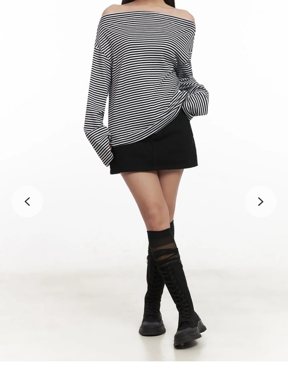 Lewkin Striped Long-Sleeve off the shoulder Women's Top - Black and White